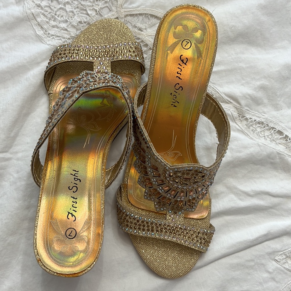 First Sight Gold Rhinestone Sandals - Picture 8 of 11